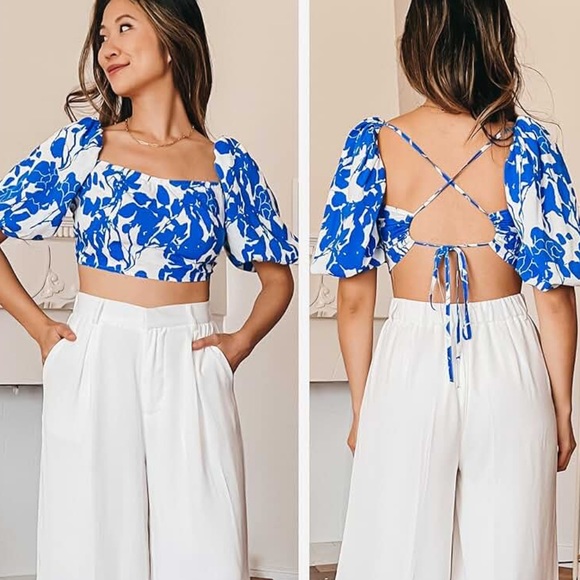 Sweetheart Neck 3/4 Puff Sleeve Criss Cross Tie Back Blouse Crop Top Size S - Picture 5 of 12